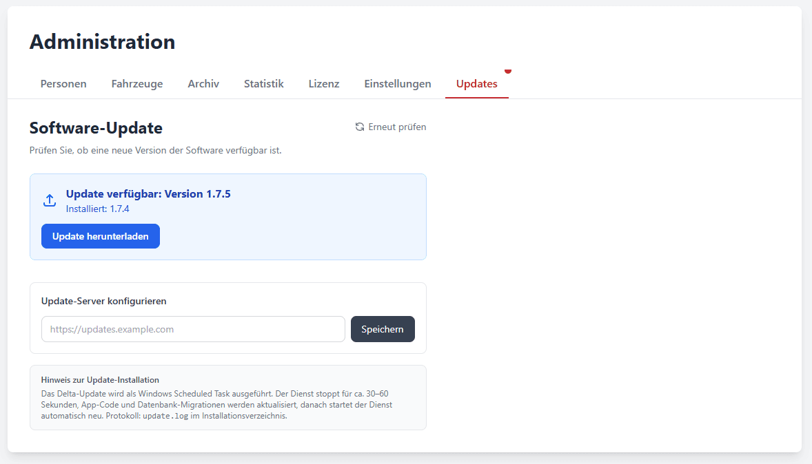 Administrationsbereich, Reiter Updates: Hinweis auf eine verfügbare neue Version mit Schaltfläche zum Herunterladen, darunter die Adresse des Update-Servers und ein Hinweis zum Ablauf der Installation.
