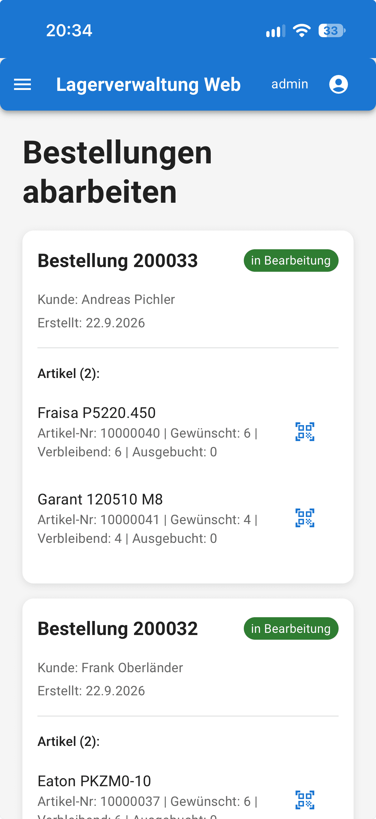 Die Anwendung auf dem Smartphone: Offene Bestellungen als Karten mit Kunde, Datum und Artikelliste. Je Artikel stehen gewünschte, verbleibende und ausgebuchte Menge sowie ein Symbol zum Scannen des Barcodes.