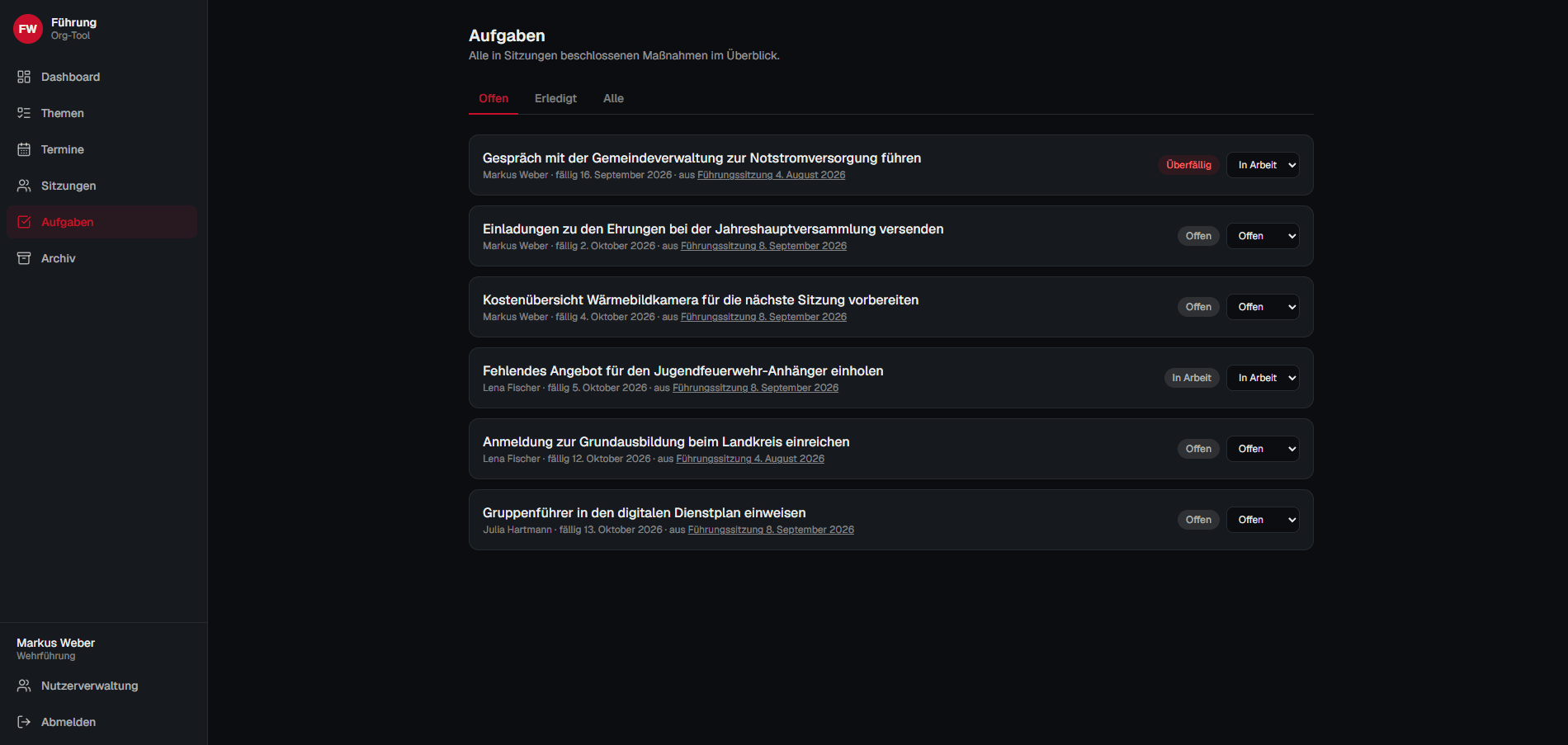 Aufgabenliste mit Titel, verantwortlicher Person, Fälligkeit, Verweis auf die beschließende Sitzung und Status, eine davon als überfällig markiert.